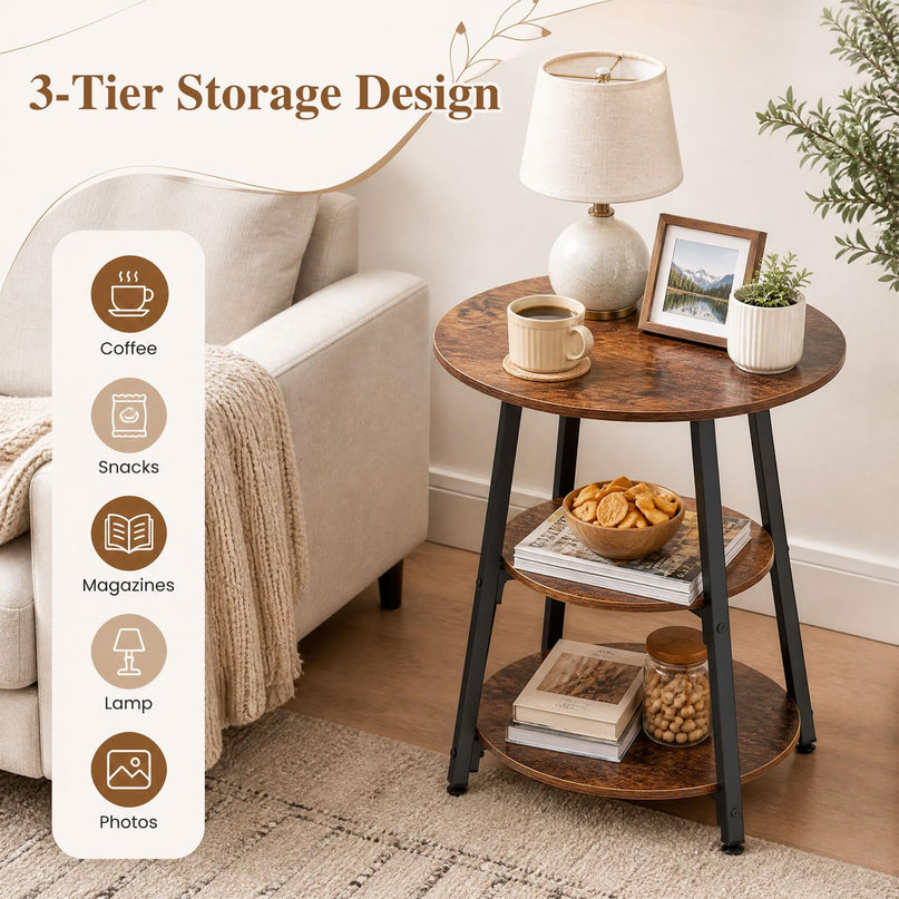 GIANTEX Round Industrial Side Table with Storage Shelves