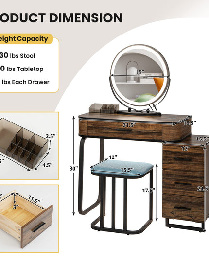 CHARMAID Makeup Vanity Table with Lights, Vanity Desk with 3 Color Lighted Mirror, Rustic Brown