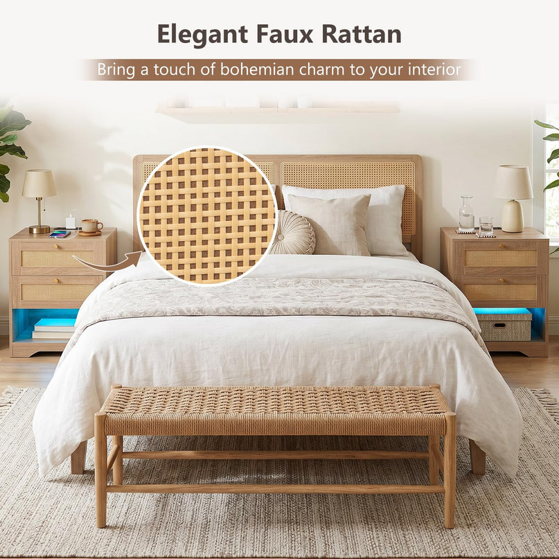 GIANTEX Rattan Nightstand with Charging Station for Bedroom