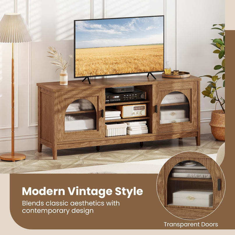 Giantex Farmhouse TV Stand for TVs up to 65" Modern Vintage Entertainment Center(Arched Glass)