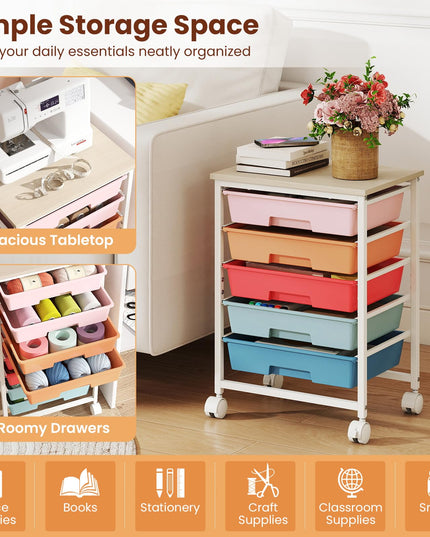 Giantex 5 Drawers Rolling Cart with Wheels Wood Top Sturdy Frame