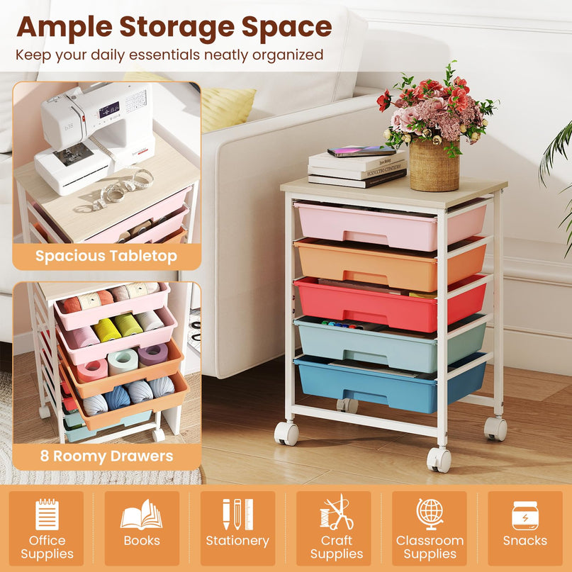 Giantex 5 Drawers Rolling Cart with Wheels Wood Top Sturdy Frame