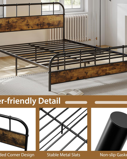 Giantex Queen Size Metal Bed Frame with Wood Headboard, Industrial Platform Bed Frame with Heavy Duty Metal Slat