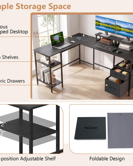 Giantex 63" Reversible L Shaped Desk with Charging Station