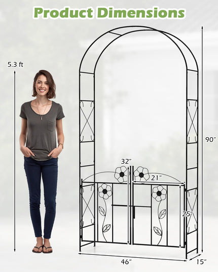Giantex Garden Arbor with Gate, 7.5FT Metal Arch Trellis for Climbing Plants Rose Ivy, Archway Pergola with Flower Door
