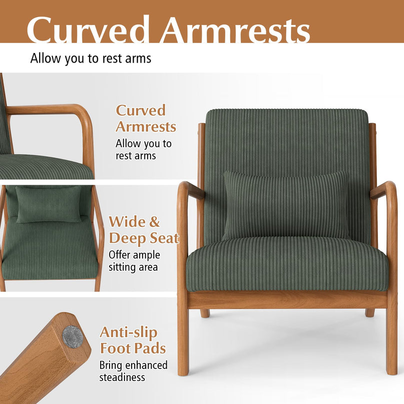 Giantex Modern Corduroy Upholstered Lounge Chair with Rubber Wood Armrests