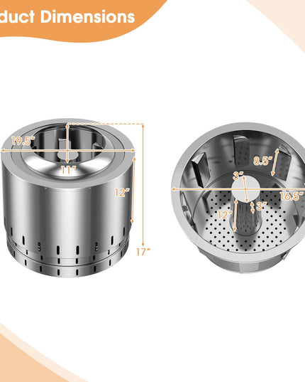 Giantex Smokeless Fire Pit for Outside - 19.5 Inch Stainless Steel Wood Burning Firepit with Protective Cover