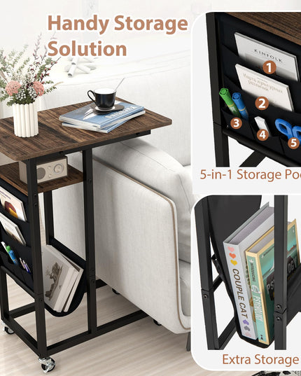 Giantex C Shaped End Table with Charging Station and Wheels