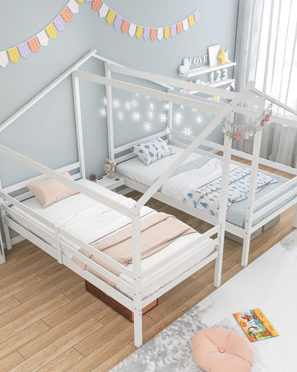 Giantex Double Twin Bed Frames for Kids, Wood House Shaped Platform with Built-in Nightstand & USB Port