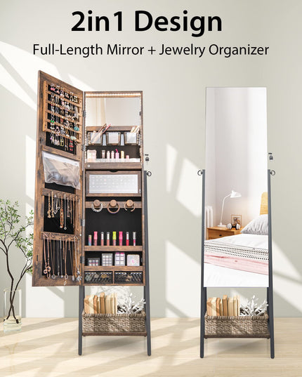 CHARMAID LED Strip Jewelry Armoire with 47.2"H Full Length Mirror, Lockable Jewelry Cabinet Organizer