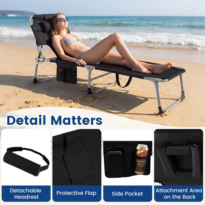 (下架）Giantex Tanning Chair Folding Beach Chair w/Face Arm Hole, Washable Pillow, Pocket