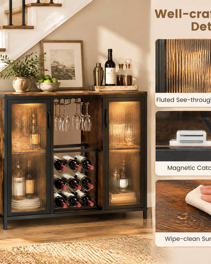 GIANTEX Modern Coffee Bar Cabinet with LED Lights & Wine Racks