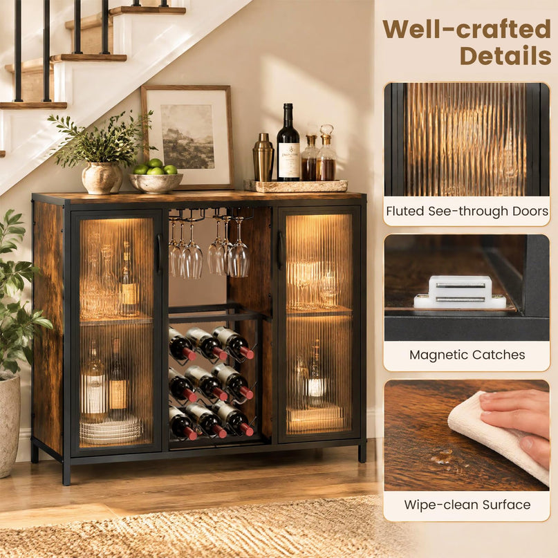 GIANTEX Modern Coffee Bar Cabinet with LED Lights & Wine Racks