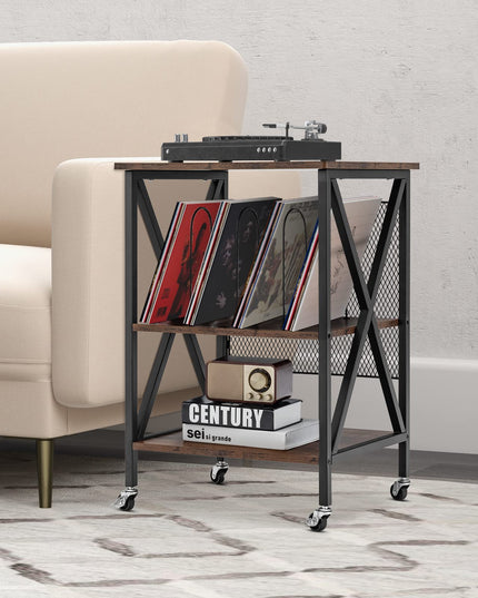 Giantex Record Player Stand, Vinyl Record Storage Table w/ 3 M-shaped Dividers & 4 Rolling Wheels, Rustic Brown