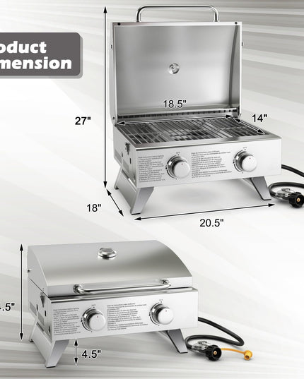 Giantex Portable Gas Grill - Tabletop Propane Grill with 2 Burners, 20,000 BTU total, Built-in Thermometer