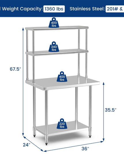 Giantex Stainless Steel Table with Overshelf, 36"×24"