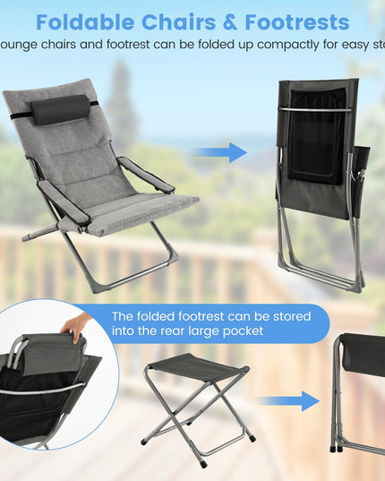 Giantex 5-Piece Patio Bistro Set, Folding Lounge Chairs with Footrest Stool & Side Table, Removable Cushion