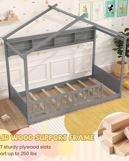 Giantex Twin Floor House Bed with Storage Shelf, Wood Twin Bed Frames with Headboard & Guardrail