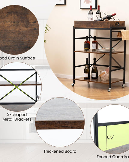 Giantex Rolling Bar Cart, 3-Tier Serving Cart with Removable Tray, 4 Lockable Universal Casters