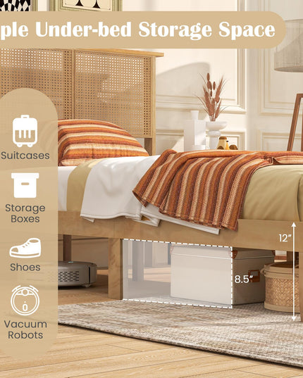 Giantex Bed Frames with Rattan Headboard, Boho Solid Wood Platform Bed with Wooden Slats