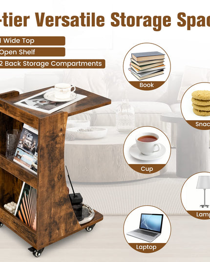 Giantex C Shaped End Table - Mobile 2-Tier Snack Side Table w/Back Storage Shelves