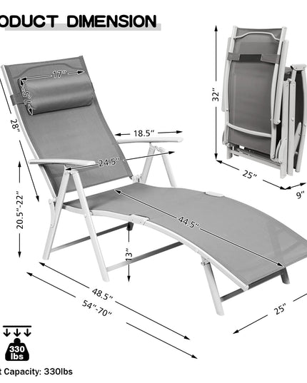 Pool Folding Reclining Beach Chair W/Removable Cushion&Headrest Pillow