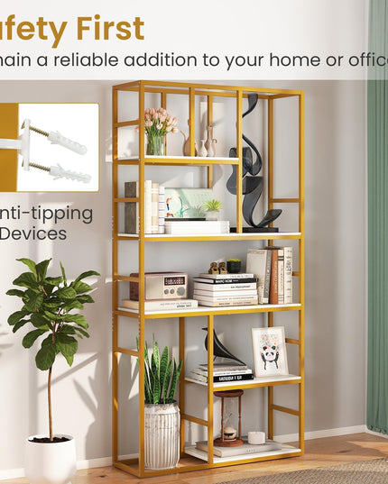 Giantex 5-Tier Bookshelf | 71" Freestanding Golden Bookcase with Open Storage Shelves