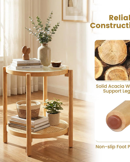 Giantex Rattan Round Side Table | 2-Tier Boho End Table w/Tempered Glass Top (1/2)