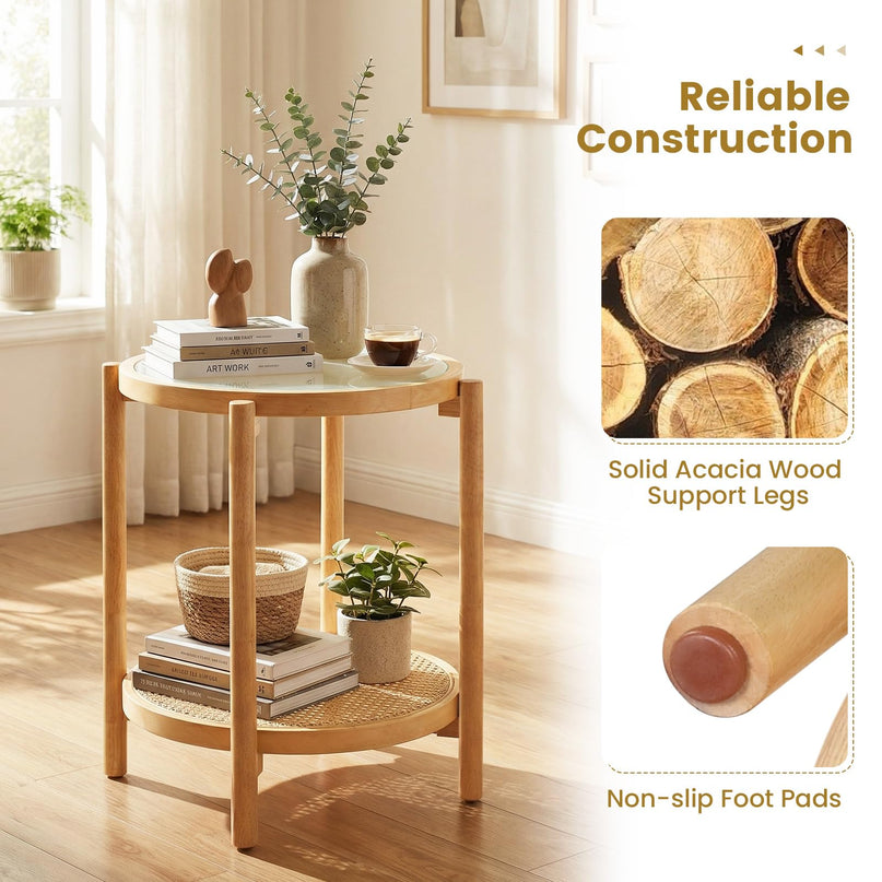 Giantex Rattan Round Side Table | 2-Tier Boho End Table w/Tempered Glass Top (1/2)