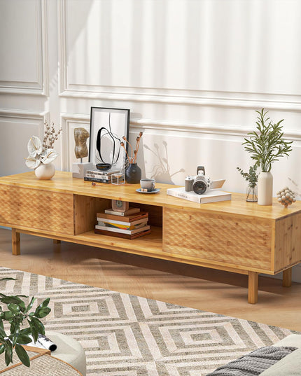 Giantex 63” Bamboo TV Stand, Entertainment Center with 3 Storage Cubes, Sliding Doors
