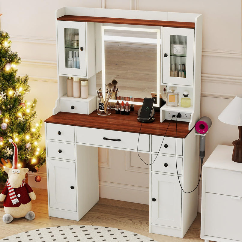 CHARMAID Coiffeuse avec Miroir Lumineux et Station de Charge
