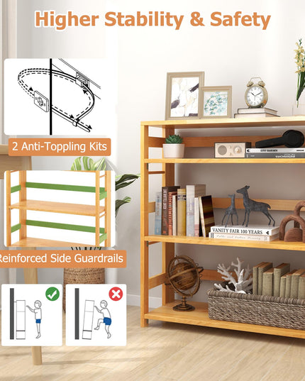 Giantex 4-Tier Bookshelf, 34.5" Floor Storage Shelf w/Rubber Wood Frame, Anti-Toppling Kits, Side Fences