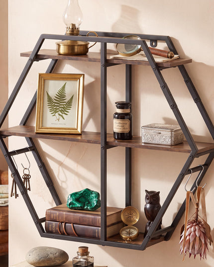 GIANTEX Industrial Hexagon Wall Shelf with 3-Tier Storage Shelves & 4 Hooks