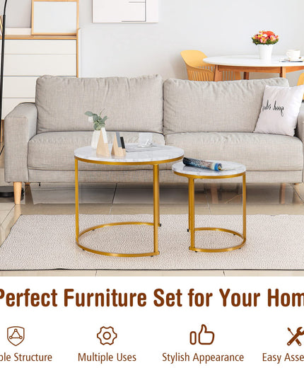 Giantex Nesting Coffee Table Set of 2, Round Stacking Side Tables with Wooden Tabletop & Powder Coated Steel Frame