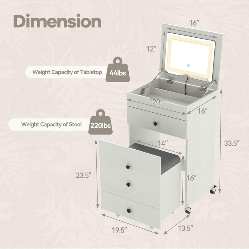 Coiffeuse CHARMAID 3-en-1 avec miroir LED escamotable