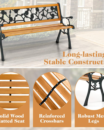Giantex Outdoor Bench, 3-Person Park Bench with Slatted Seat, Curved Armrests, Floral Pattern Backrest