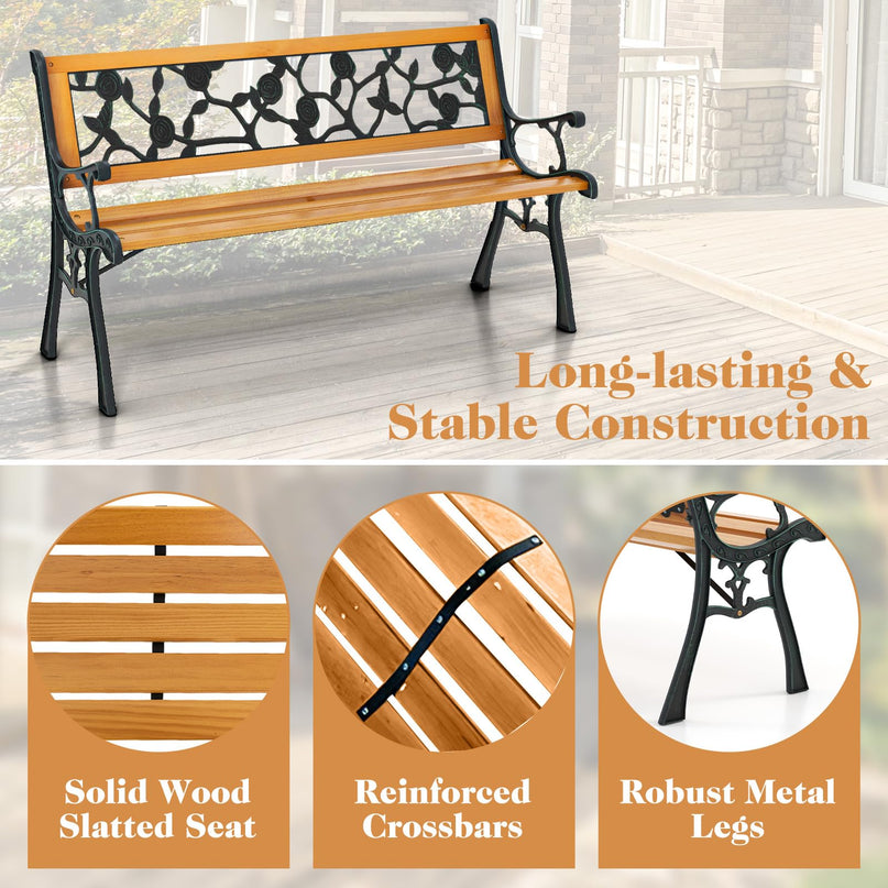Giantex Outdoor Bench, 3-Person Park Bench with Slatted Seat, Curved Armrests, Floral Pattern Backrest