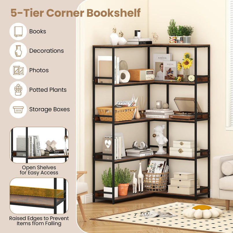 Giantex 5-Tier Corner Bookshelf 71" L-Shaped Bookcase