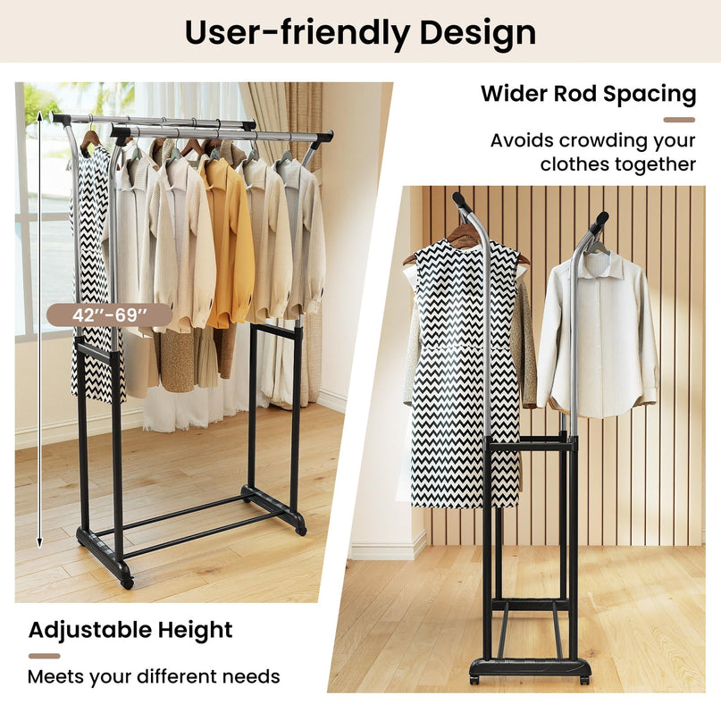 Giantex Portable Garment Clothes Rack with Adjustable Height & Wheels