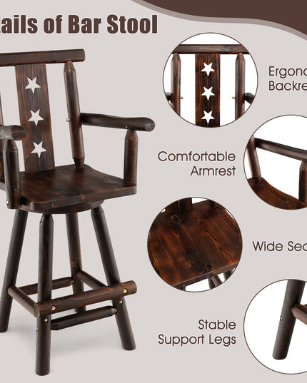Brown Bar Stool, 29’’ Solid Fir Wood Bar Chair with Footrest, Decorative Star Backrest, Wide Armrest, Rustic Kitchen Stool