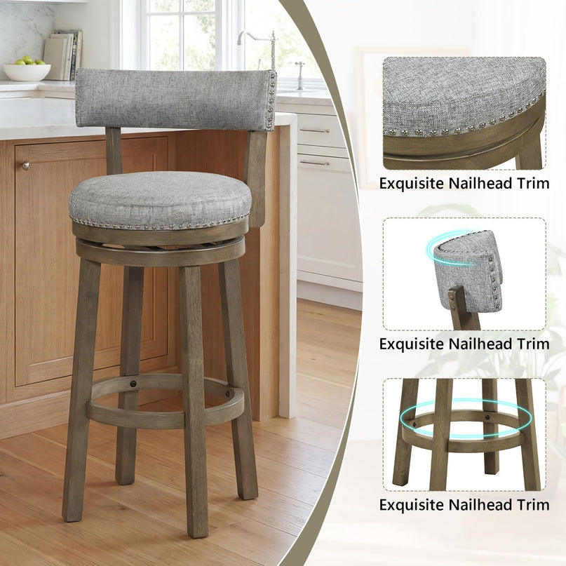 Tabourets de bar pivotants Giantex de 80 cm de haut avec assise et dossier rembourrés en tissu de lin (2/4)