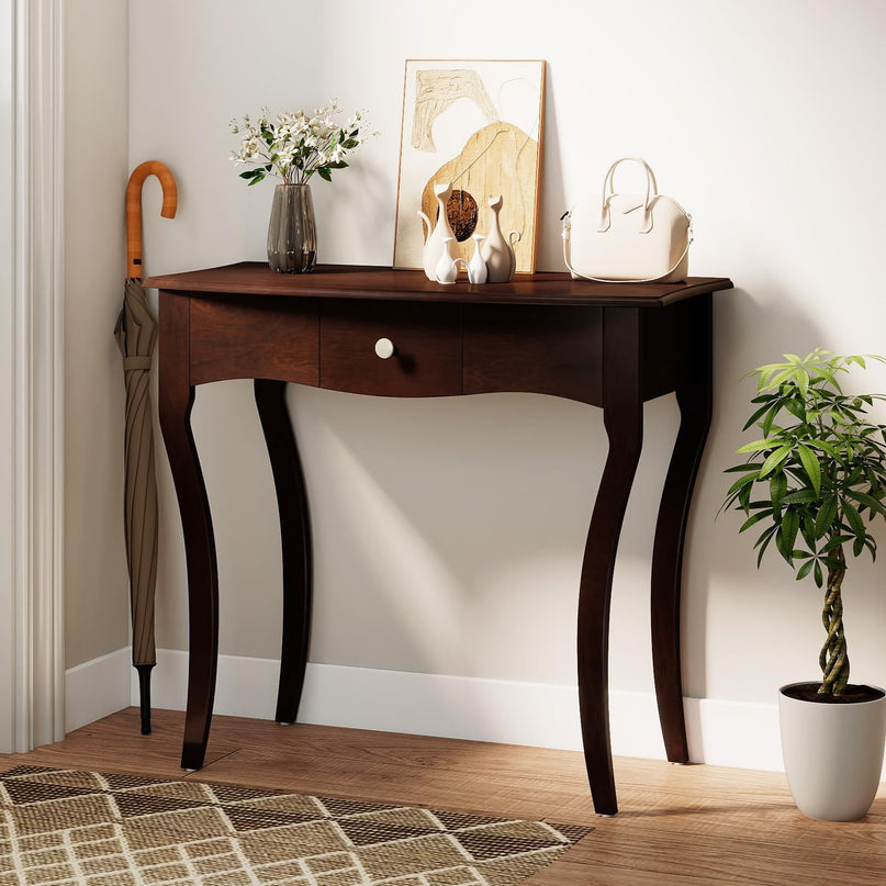 Giantex Chic Accent Entryway Table with Storage Drawers and Solid Rubber Wood Legs