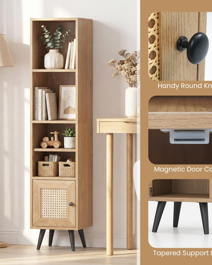 Giantex Bibliothèque Haute et Étroite à 6 Niveaux | Meuble de Rangement Mince de 137 cm avec Étagère Réglable et Porte en Rotin Style Bohème