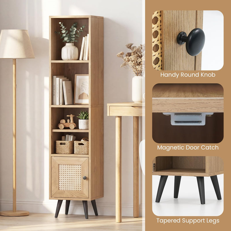 Giantex Bibliothèque Haute et Étroite à 6 Niveaux | Meuble de Rangement Mince de 137 cm avec Étagère Réglable et Porte en Rotin Style Bohème