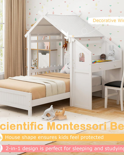 Giantex Twin House Bed with Desk & Chair, Wood Kids Playhouse Bed with 2 Drawers