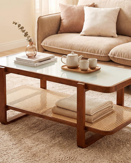 Giantex Rattan Coffee Table with Tempered Glass Top and Storage Shelf