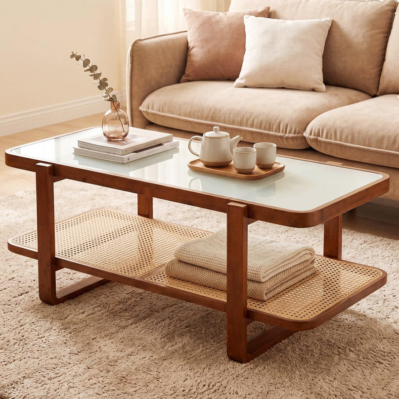 Giantex Rattan Coffee Table with Tempered Glass Top and Storage Shelf