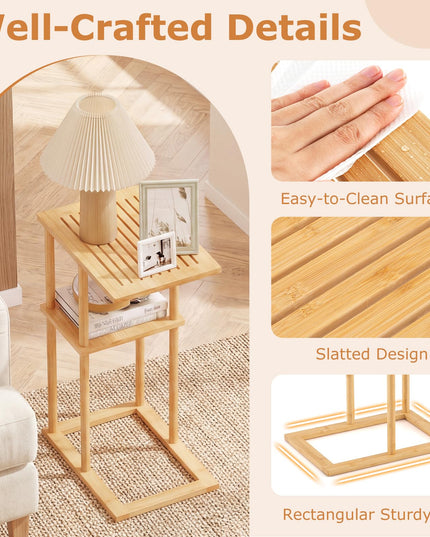 Giantex Bamboo Side Table Set of 2 with Storage Shelves