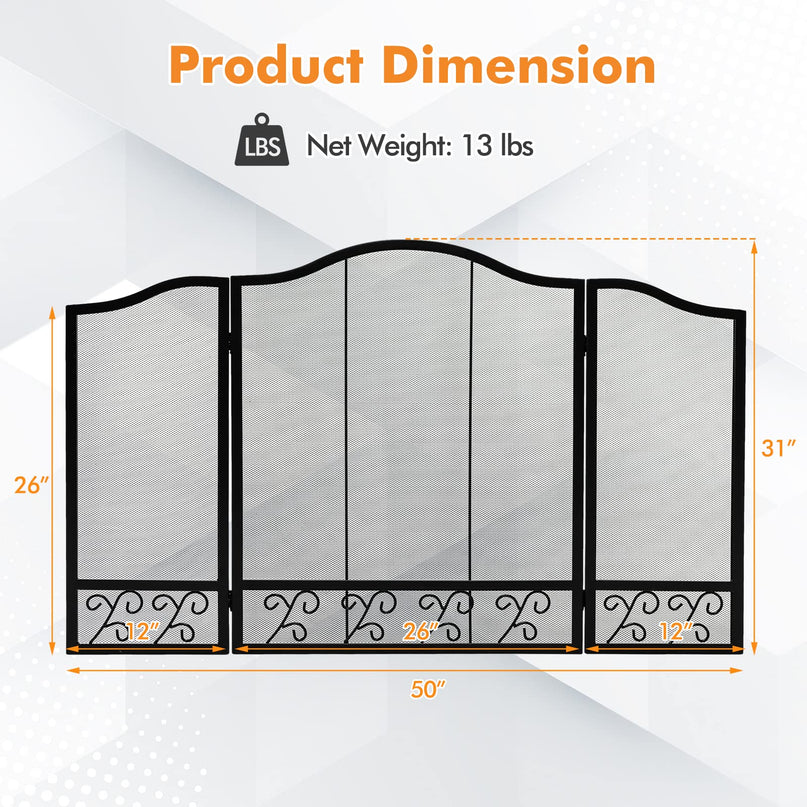 Giantex 3-Panel Folding Fireplace Screen Black - 50 x 31 Inch No Assembly Required Decorative Freestanding Steel Mesh Fire Screen