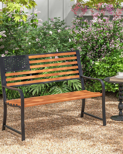 Giantex Outdoor Bench, 2-Person Metal Garden Bench with American Flag Backrest